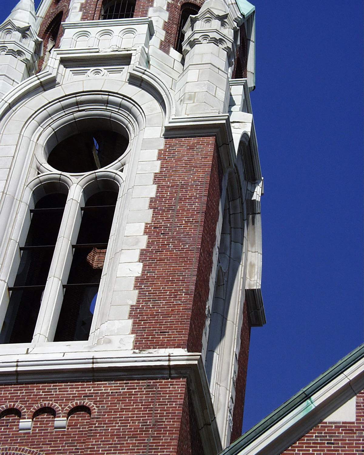Holy Hill concrete restoration - West tower sealant application at corners